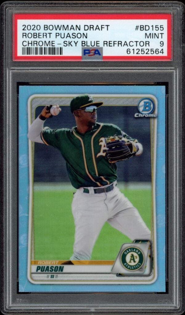 2020 Bowman Draft Robert Puason Sky Blue Refractor, PSA 9, Oakland Athletics Prospect Card.