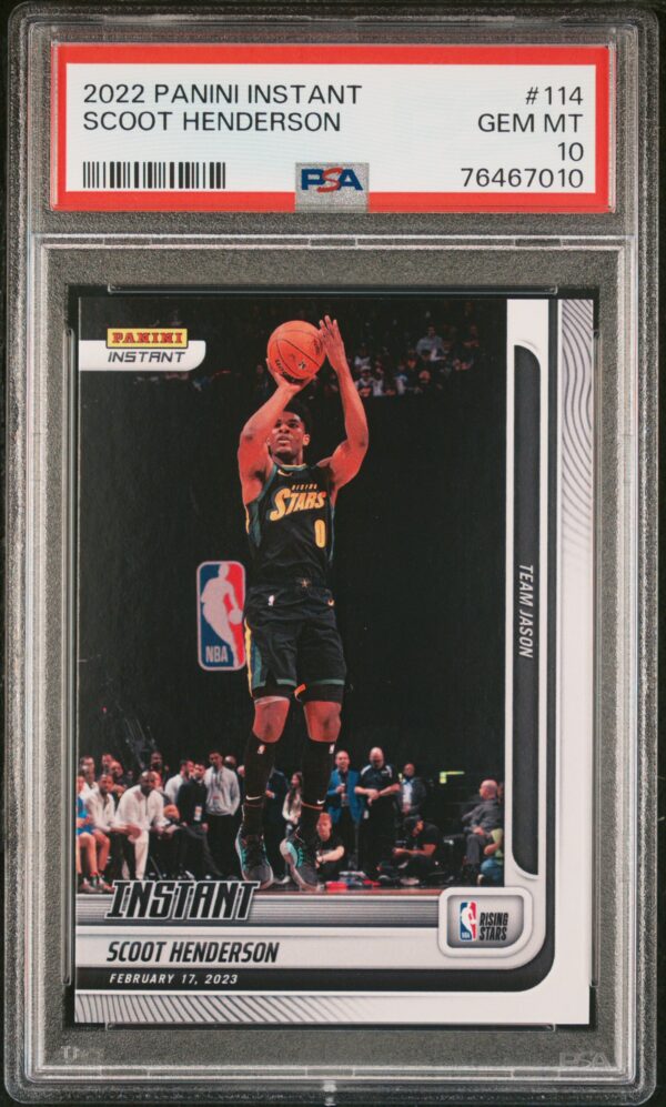 Scoot Henderson 2022 Panini Rookie Card, PSA GEM MT 10, NBA Licensed, Jump Shot Action.