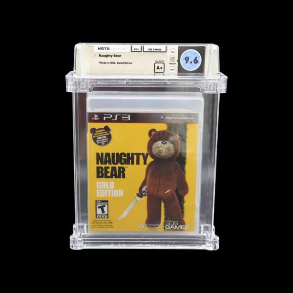 Graded Naughty Bear: Gold Edition PS3 game in acrylic case for collectors.