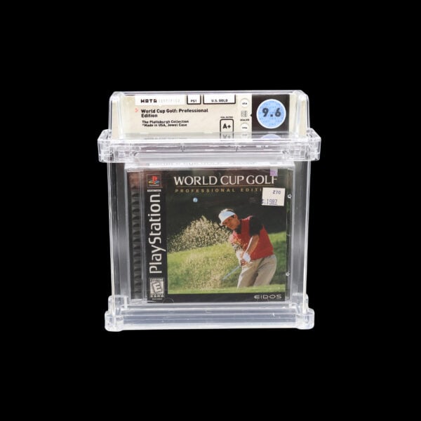 PlayStation World Cup Golf game in transparent case, graded 9.6, against black background.