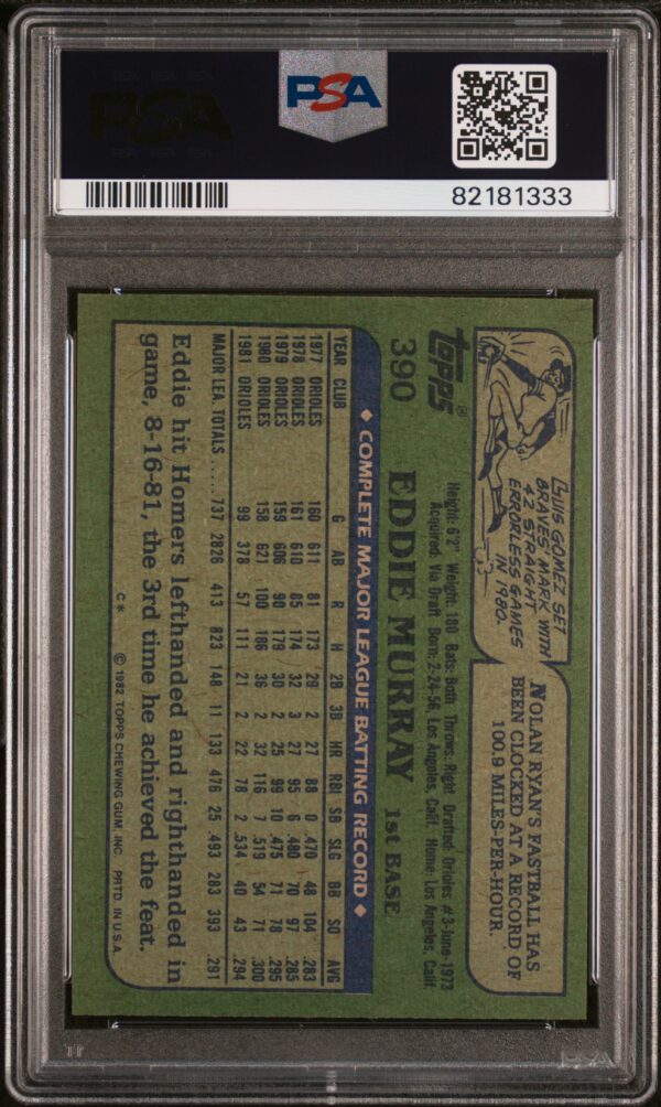 1982 Topps Eddie Murray card, PSA 7, graded, with stats on green, barcode and QR code shown.