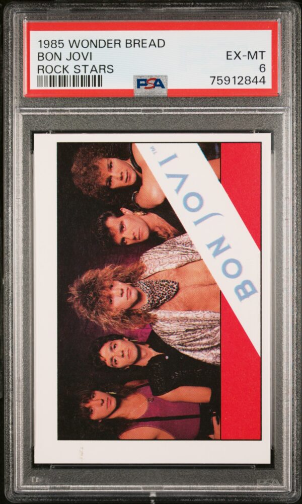 Bon Jovi 1986 Monty Gum trading card, PSA graded EX-MT, iconic rock band collectible.