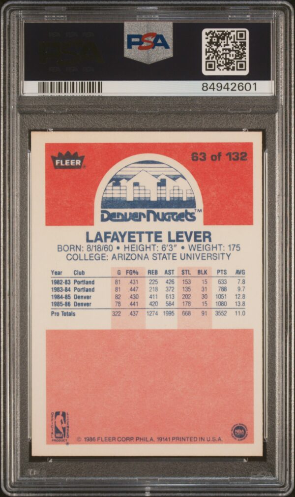 Graded 1986-87 Fleer basketball card of Lafayette Lever, showcasing the back with statistics.