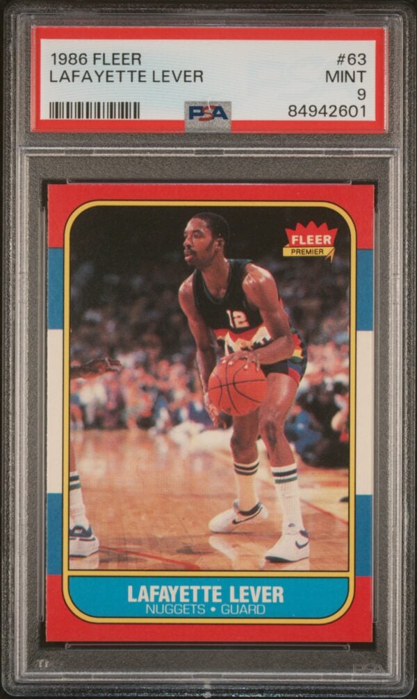 Vintage 1986-87 Fleer Lafayette Lever basketball card, PSA 9, Denver Nuggets uniform.