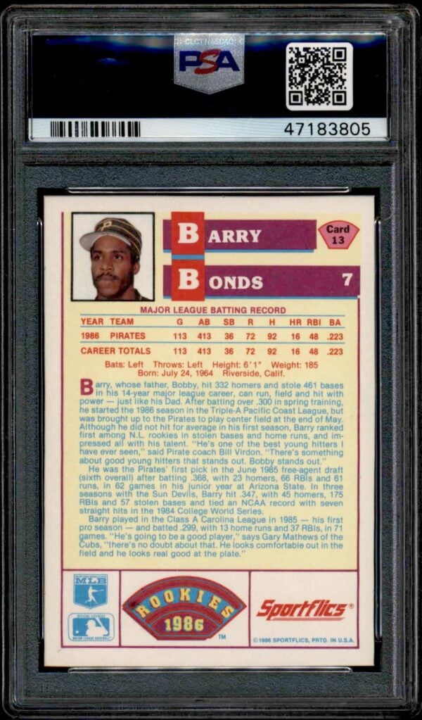 1984 Topps Barry Bonds rookie card in PSA case, featuring player stats and biography.