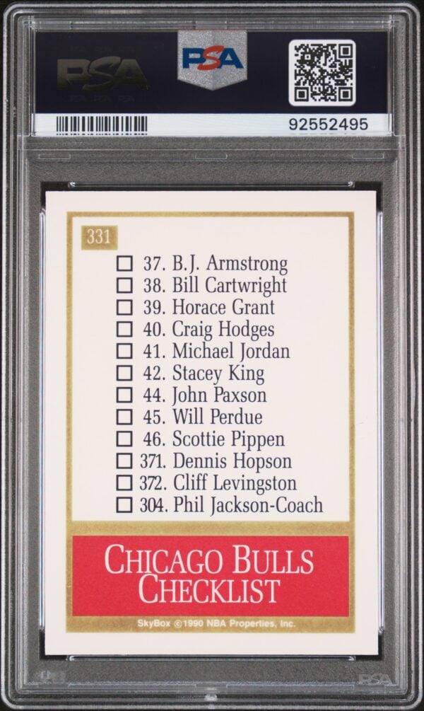 1990 Skybox Chicago Bulls checklist card in PSA case, featuring Michael Jordan.