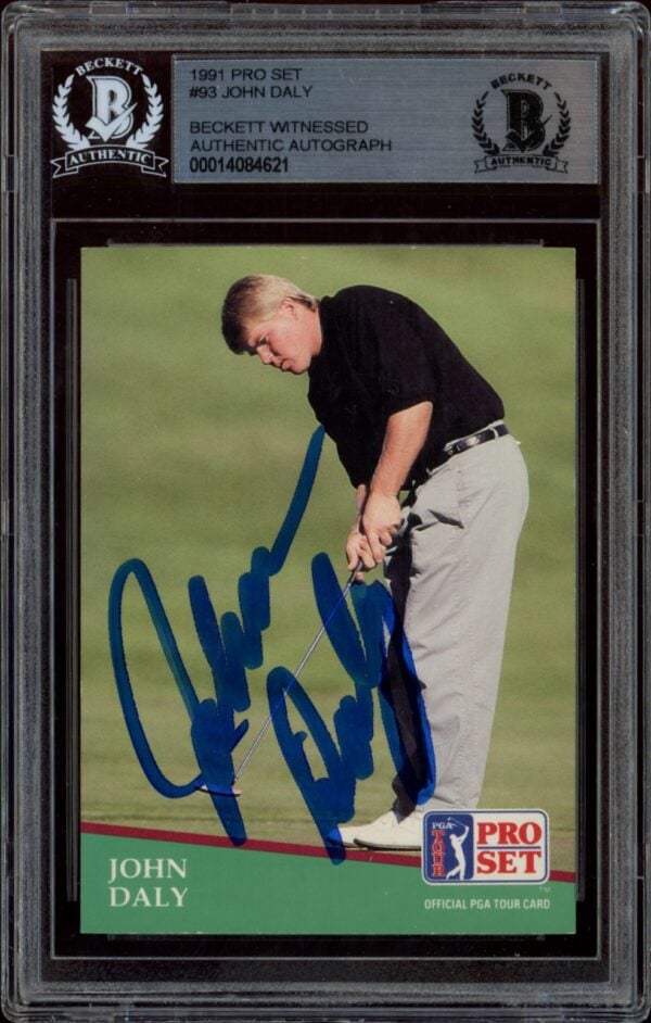 Framed 1991 Pro Set John Daly signed card, graded and authenticated collectible.