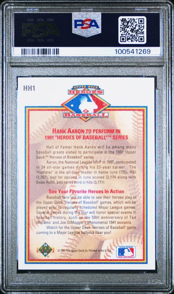 1991 PSA 9 Hank Aaron Upper Deck Hologram Baseball Card Back.