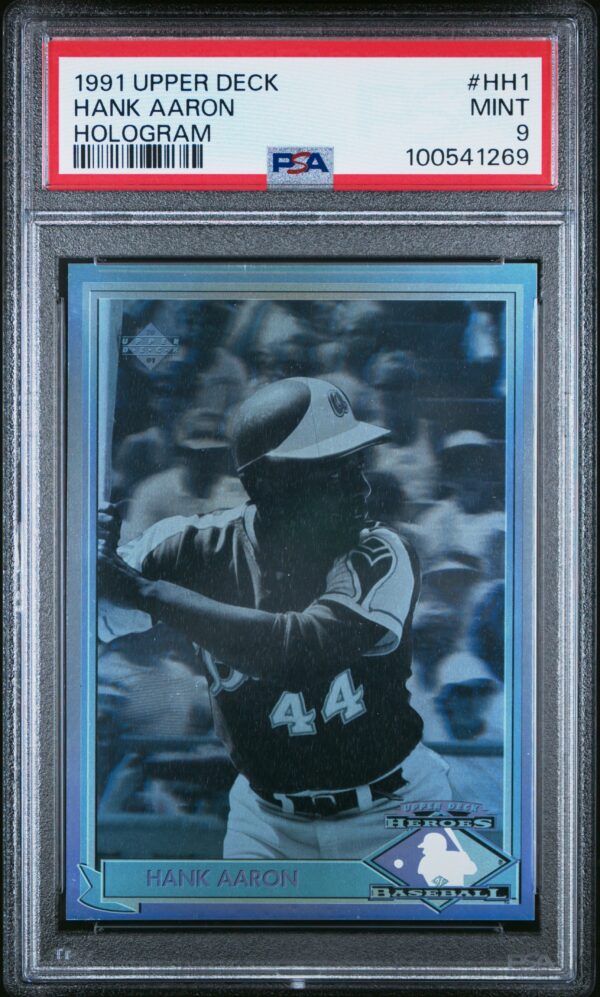 1991 Upper Deck Hank Aaron PSA 10 card, Gem Mint, Braves uniform, blue-tinted hologram design.