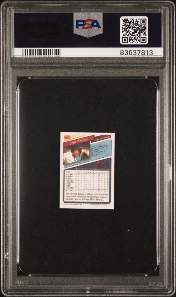 1993 Topps Micro Jim Thome #603 baseball card in PSA-graded case, highlights preservation benefits.