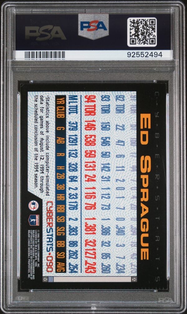 Graded 1995 Topps Cyberstats Ed Sprague card in PSA holder with career stats displayed.