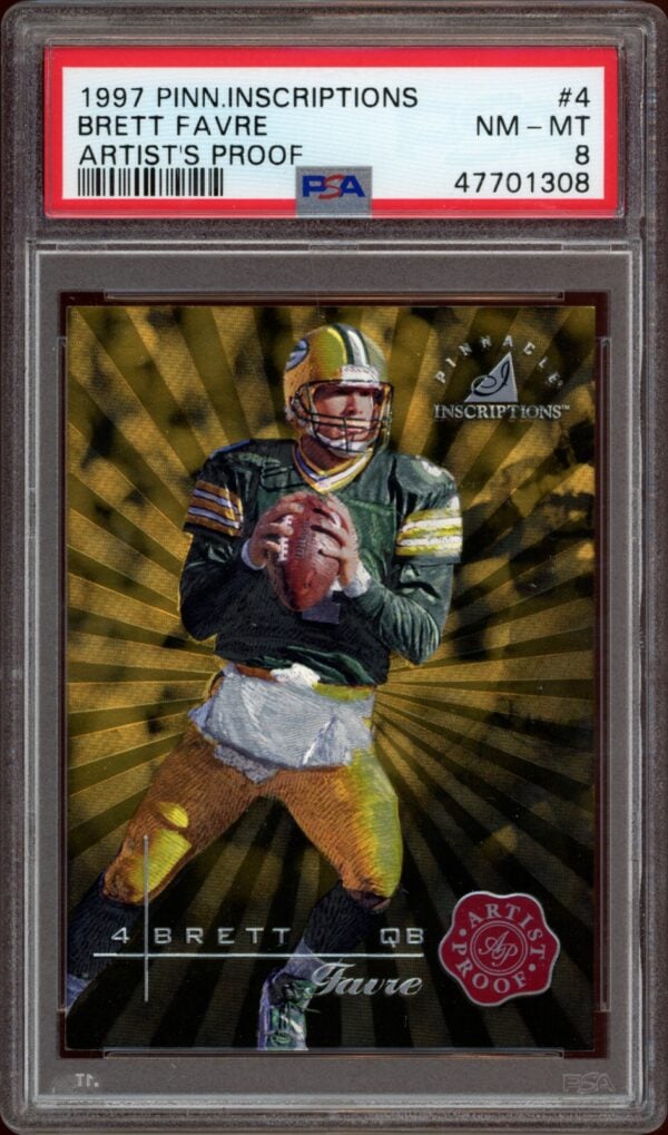 1997 Pinnacle Brett Favre football card in Packers uniform, PSA 8, gold starburst background.