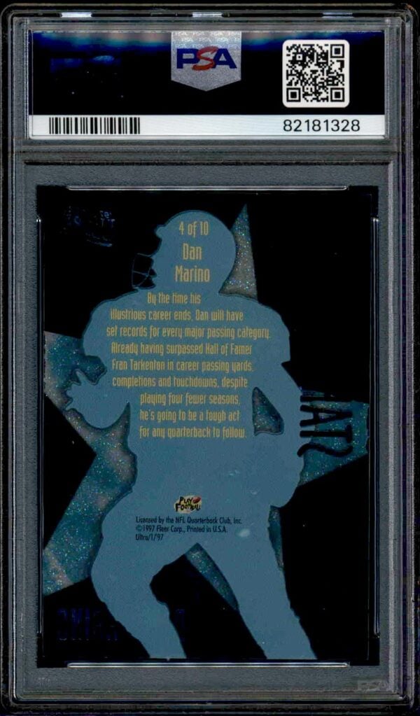 1997 Ultra Dan Marino card graded PSA 8, encased for protection and authenticity.