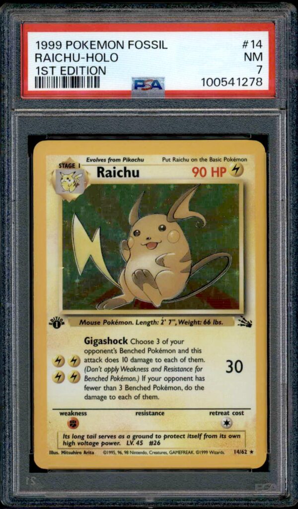 1999 Pokémon Fossil Raichu 1st Edition holographic card PSA 7, collectible trading card.