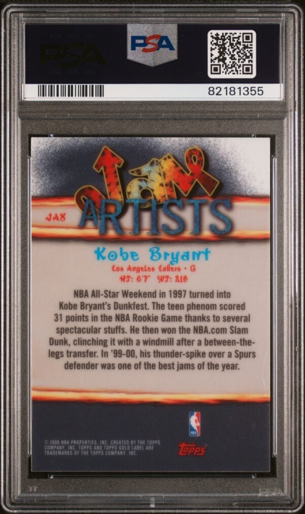 Graded Kobe Bryant 2000 Topps Gold Label Jam Artists card, PSA 8, featuring dynamic design.