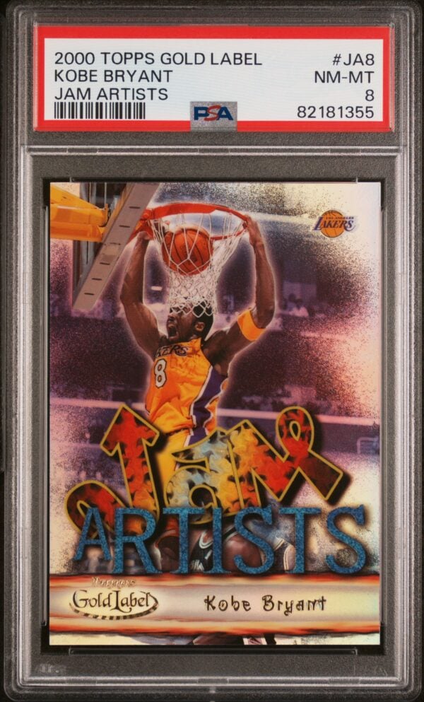 Kobe Bryant 2000 Topps Gold Label card, PSA 8, Lakers colors, slam dunk action.