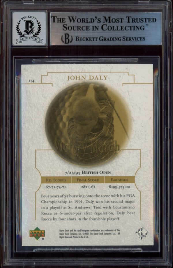 John Daly Upper Deck card in BGS case with a memorabilia piece, graded 10.