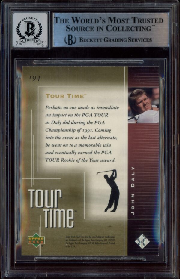 John Daly Upper Deck card, gold background, BGS 10, golfer silhouette, collectible.