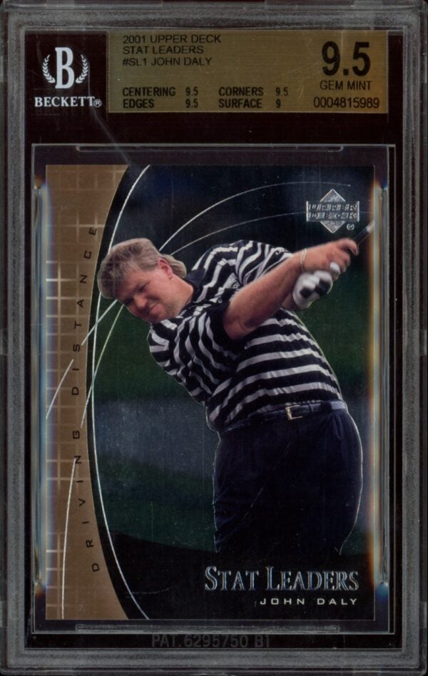 John Daly Upper Deck golf card in gem mint BGS 9.5 grade, mid-swing photo.