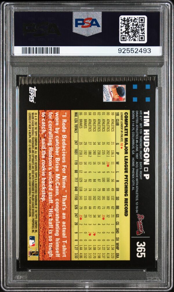 2007 Topps Update Tim Hudson baseball card, PSA 2, stats shown, protective holder.