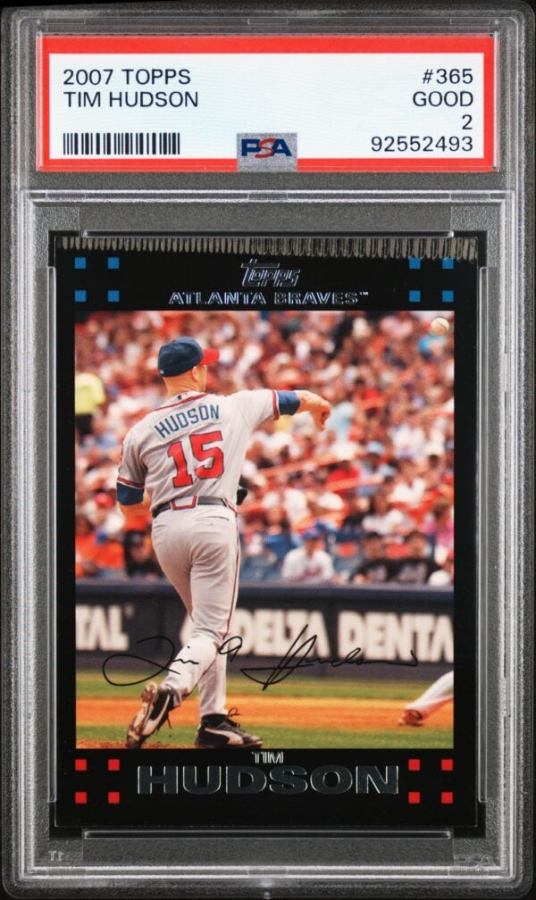 2007 Topps Tim Hudson baseball card, PSA graded GOOD, shows him pitching in a stadium.