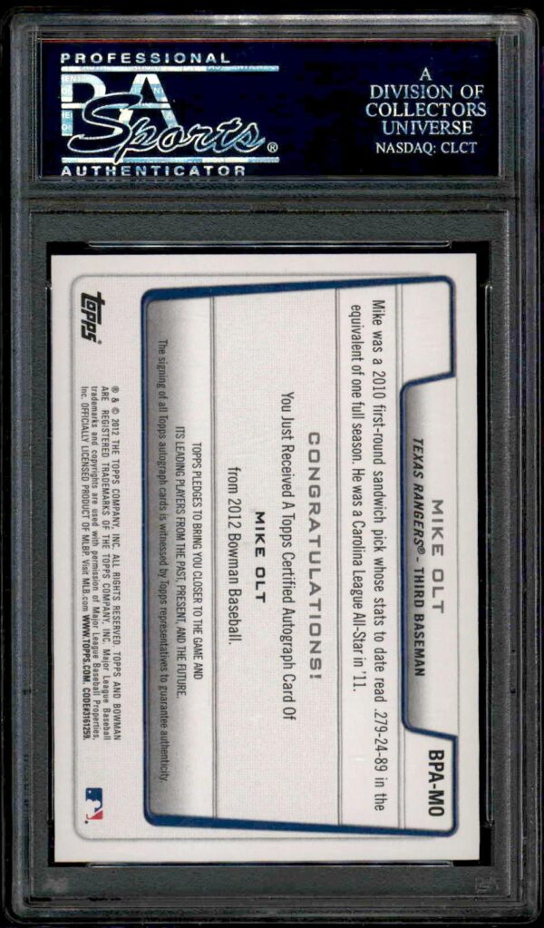 2012 Bowman Prospects Mike Olt Autographs #BPA-MO (Auto) (PSA 10) (Back)