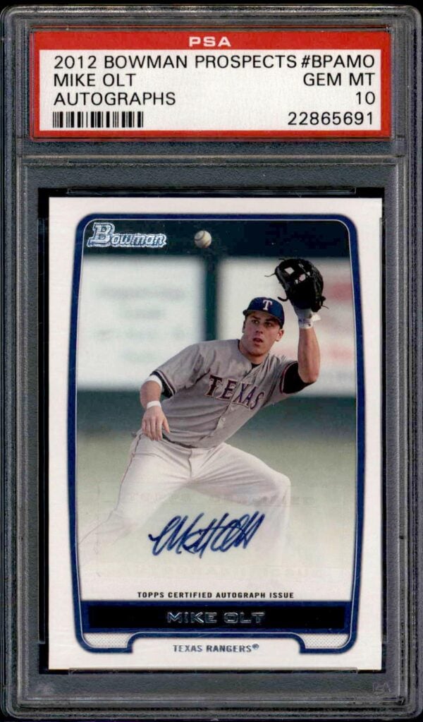 2012 Bowman Prospects Mike Olt PSA 10 autographed baseball card.