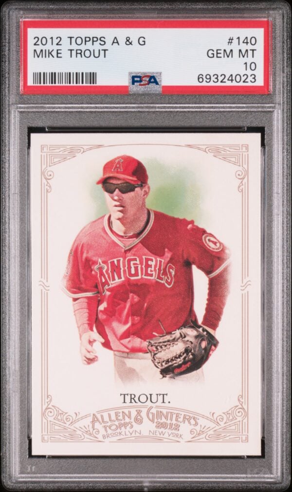 Mike Trout 2012 Topps Allen & Ginter card, PSA 10, pristine vintage design.