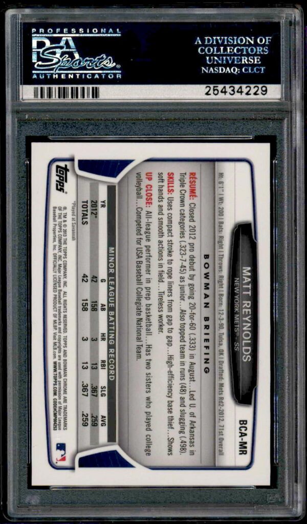 PSA 10 graded Matt Reynolds autograph trading card, 2013 Bowman Chrome, back view.