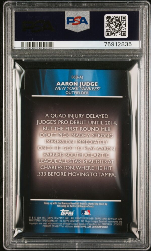 2014 Bowman Draft Aaron Judge Scouts Breakout Die-Cut X-Fractors #BSB-AJ (/99) (PSA 7) (Back)