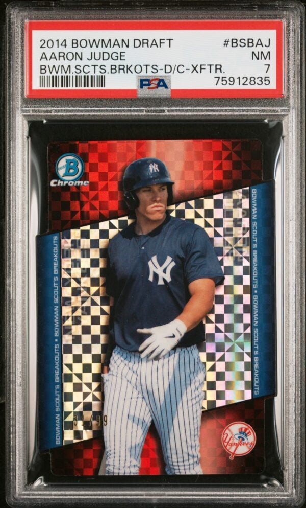 Aaron Judge 2014 Bowman Draft Rookie Card, PSA 7, Yankees uniform, holographic design.