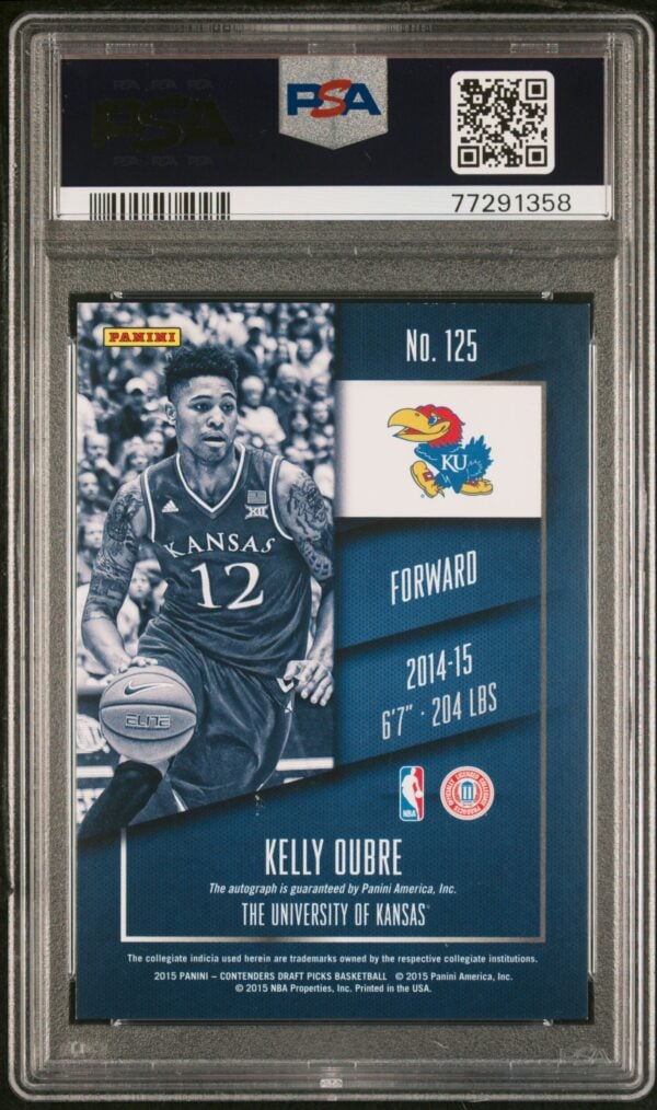 2015-16 Panini Kelly Oubre Jr. Kansas card #125, PSA 9, autograph, teal design.