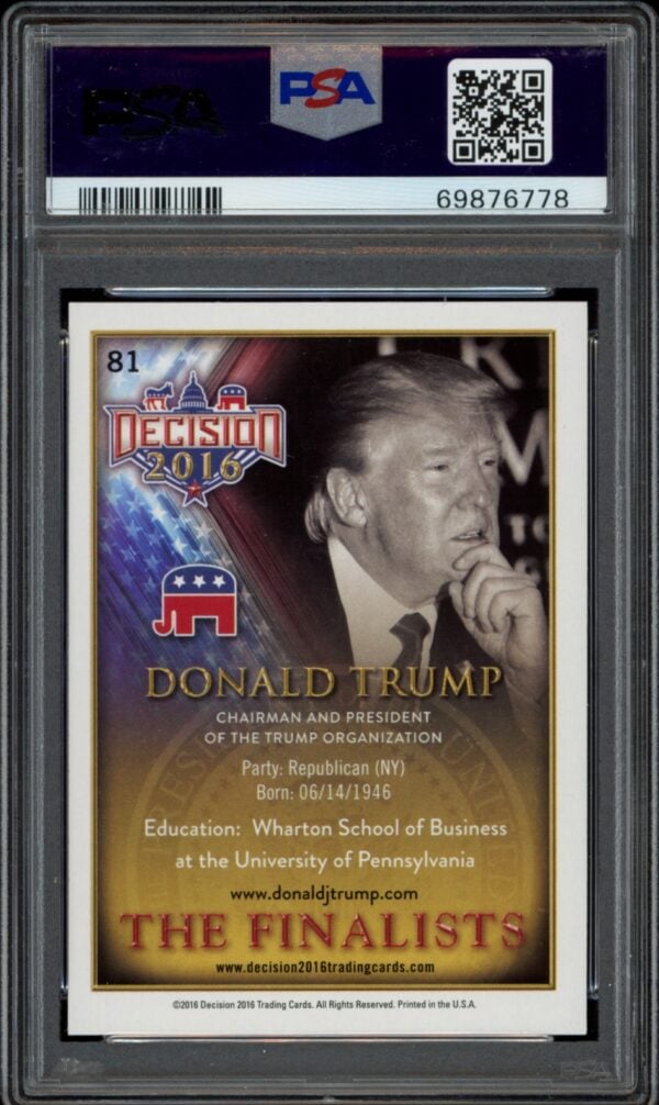 2016 Trump trading card, PSA 9, gold background, American flag, political collectible.