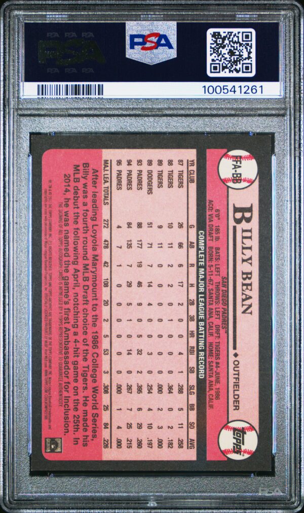 Vintage 2017 Topps Archives Billy Bean PSA 9 Baseball Card in Protective Case.