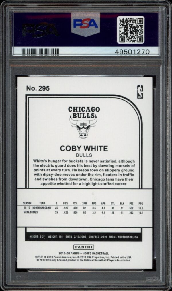 Back view of 2019-20 Hoops PSA 9 graded Coby White Chicago Bulls basketball card.