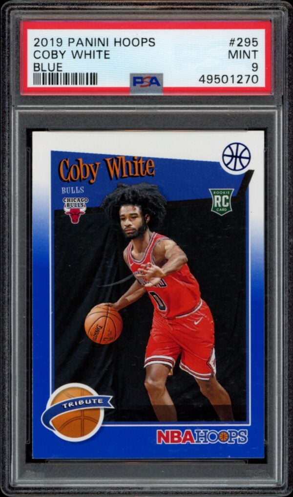 Coby White 2019 Hoops Rookie Card, Chicago Bulls, PSA 9 Mint Grade, Vibrant Blue Background