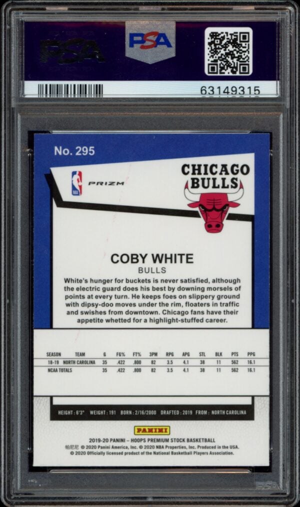 Graded PSA 9 Coby White rookie card back, Chicago Bulls team graphics and stats shown.