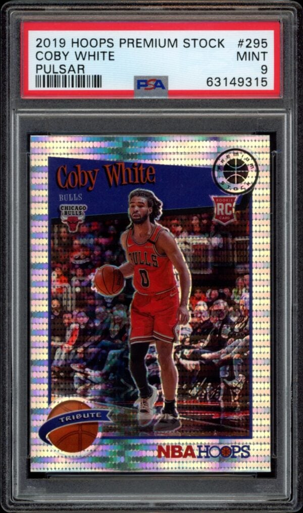 Coby White 2019 Hoops Premium Stock, PSA 9 Mint, Rockets uniform, holographic background.