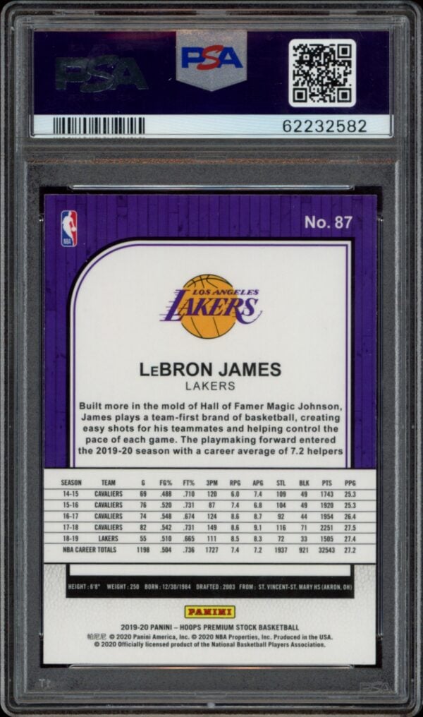 Back of LeBron James graded basketball card, Lakers theme, stats, PSA holder.