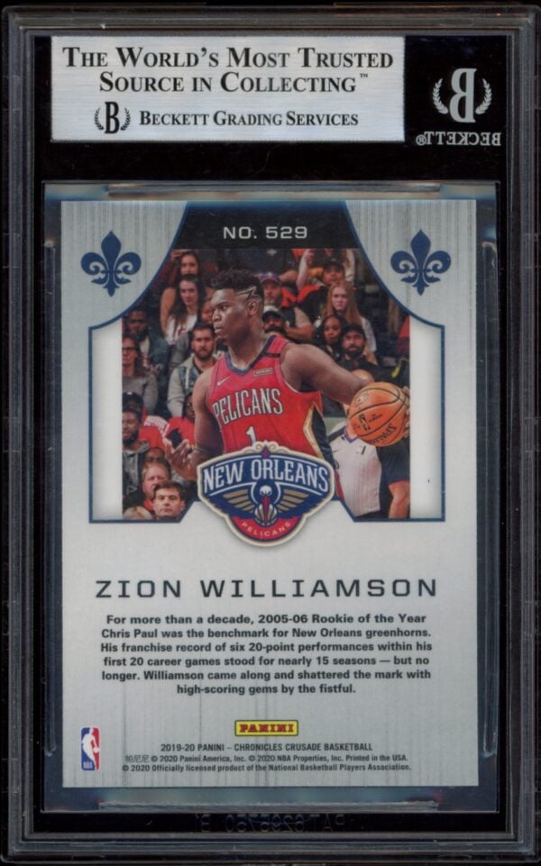 Zion Williamson rookie card, BGS 9, Panini Chronicles, Pelicans uniform, investment value.