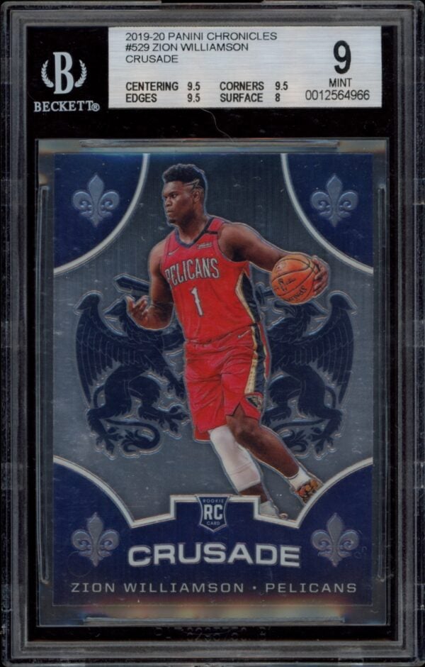 Zion Williamson rookie card, BGS 9, 2019-20 Panini Chronicles Crusade series, action pose.