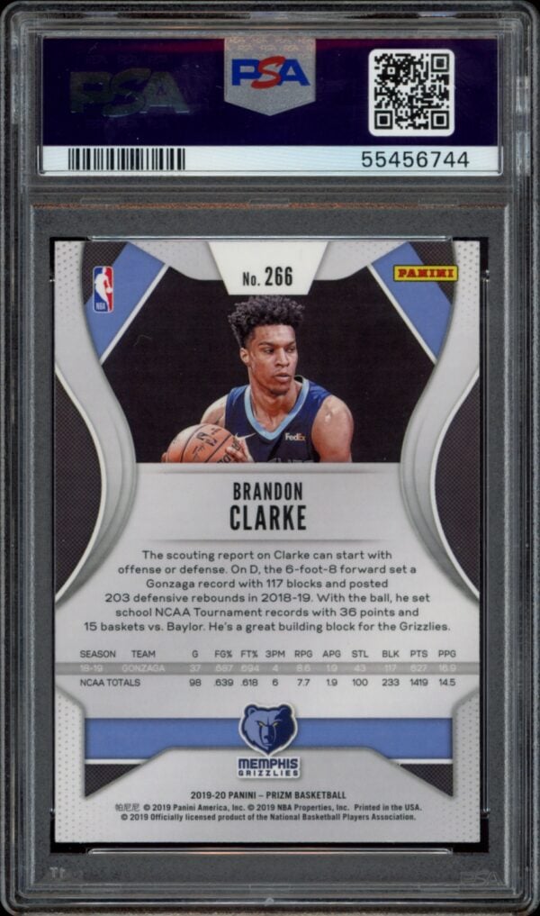 Back of 2019-20 Panini Prizm Brandon Clarke PSA 9 Graded Basketball Card.