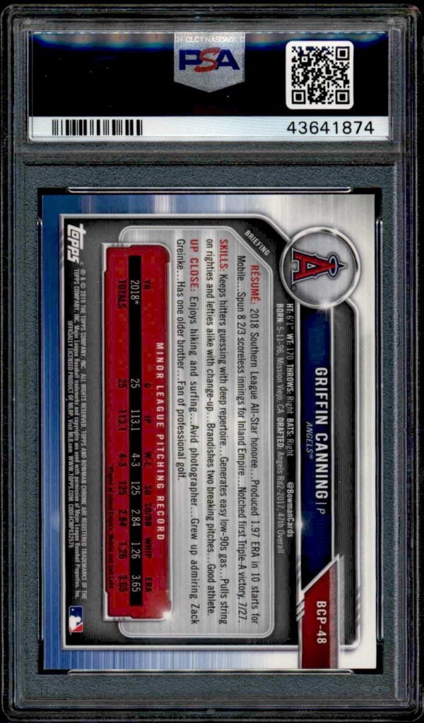 Back of PSA 10 2019 Bowman Griffin Canning Chrome Refractor, sealed for authentication and preservation.