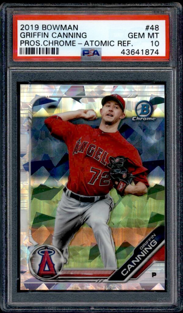 Griffin Canning 2018 Bowman Chrome Atomic Refractor baseball card graded PSA 10 Gem Mint.