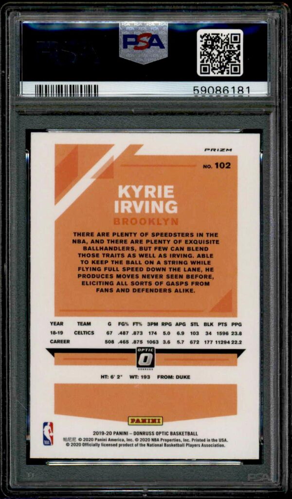 PSA graded 2019 Panini Donruss Optic Kyrie Irving basketball card back view.