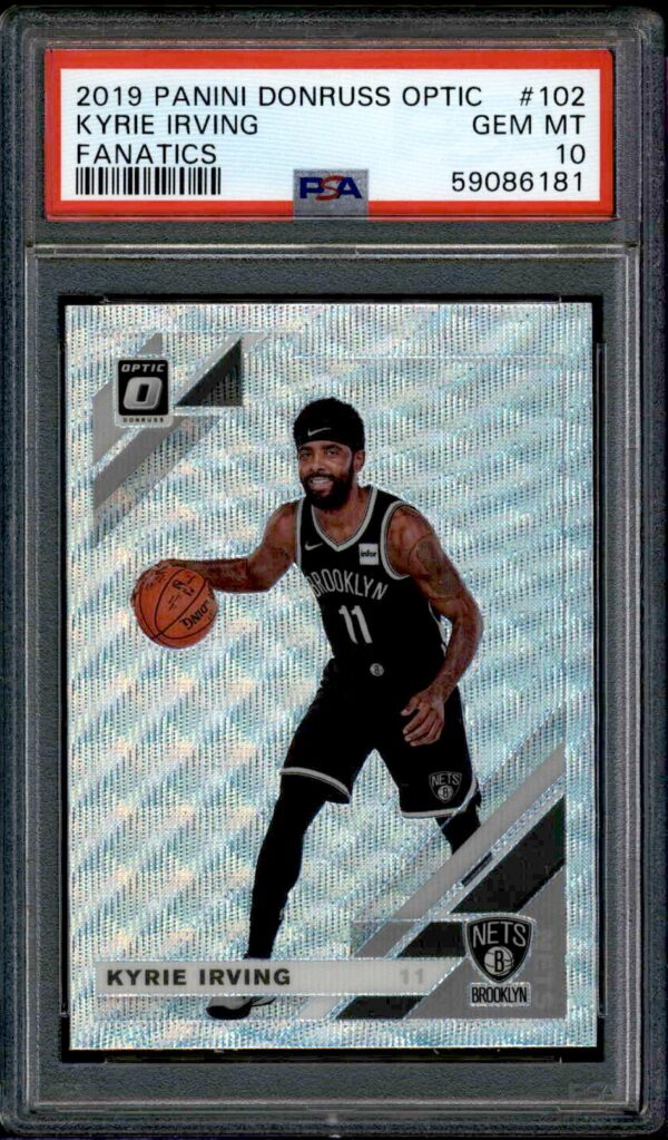 2018 Panini Donruss Optic Kyrie Irving PSA 10 basketball card in pristine condition.