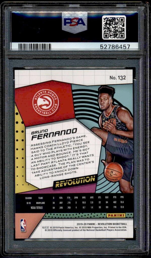 2019 Panini Revolution Bruno Fernando #132 PSA-graded card, featuring stats and Hawks logo.