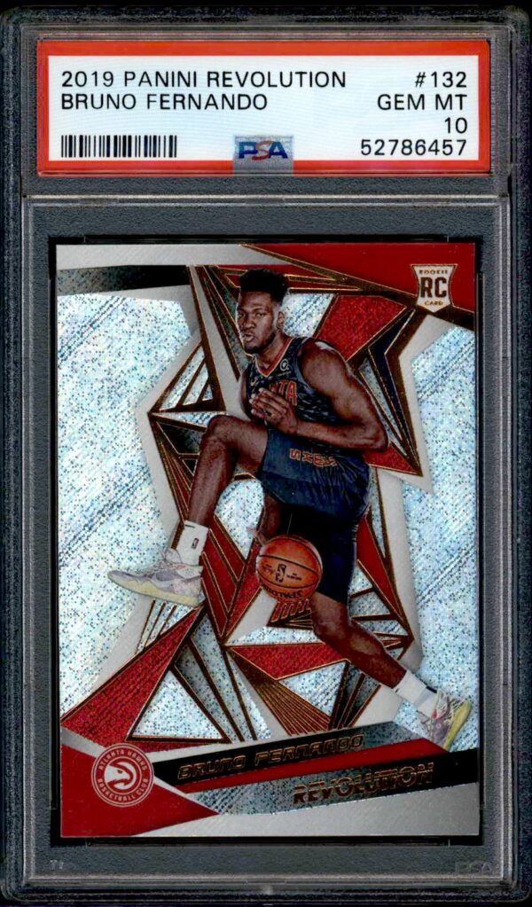 2018 Panini Revolution Bruno Fernando Rookie Card, PSA 10 GEM MT, Atlanta Hawks, holographic design.