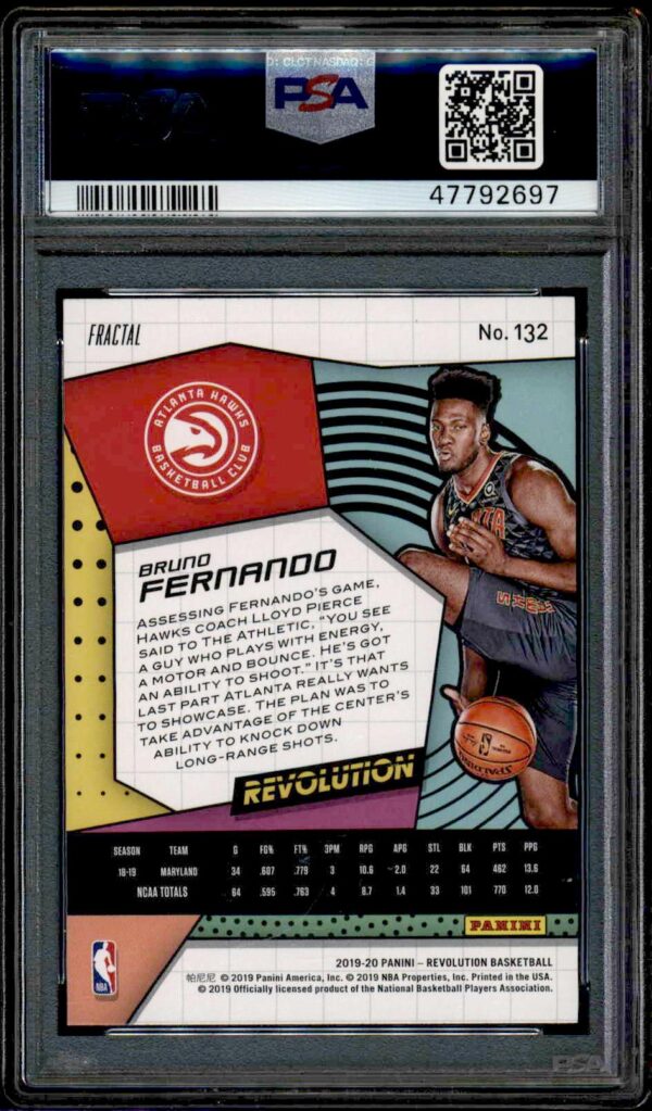 Bruno Fernando Panini basketball card, PSA graded, back view with stats and Atlanta Hawks logo.