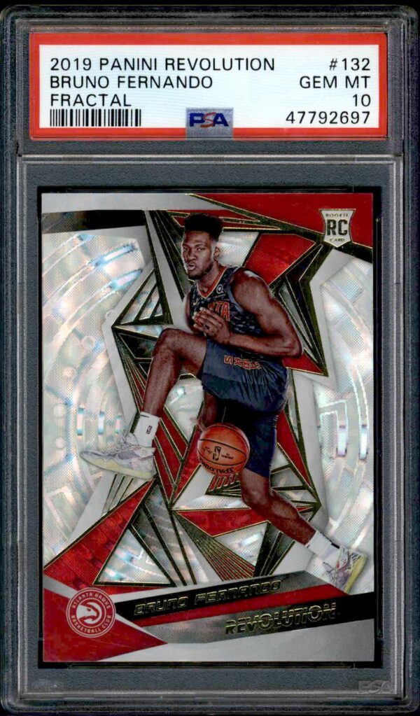 Bruno Fernando 2018 Panini Revolution rookie card, PSA 10, dynamic holographic design.